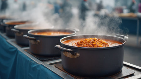 A vibrant cookoff competition scene showcasing steaming pots filled with delicious meals, capturing the heat, laughter, and excitement among passionate cooks and participants.の素材