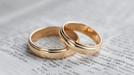 This image features two elegant gold rings placed on open sacred scripture, symbolizing commitment and faith. A perfect representation of love and devotion in religious traditions.の素材