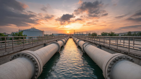 Beautiful sunset view of water infrastructure featuring pipelines reflecting glowing colors, merging nature with technology in a stunning landscape perfect for showcasing industrial advancements.の素材
