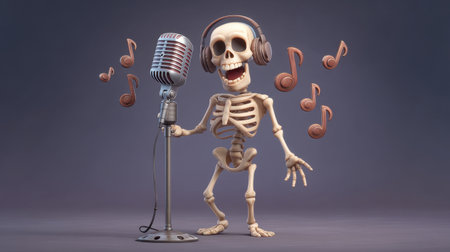 A playful skeleton wearing headphones sings into a retro microphone, surrounded by musical notes. This whimsical image brings a fun and spooky vibe perfect for Halloween themes.の素材