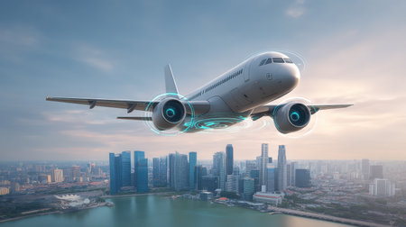 A stunning visual of a futuristic airplane soaring above an urban skyline, showcasing innovative technology and highlighting modern aviation against a breathtaking landscape.の素材