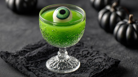 Capture the spirit of Halloween with this vibrant green cocktail featuring a decorative eyeball. Perfect for parties, it adds a spooky touch to any festive gathering.の素材