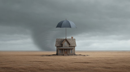 A surreal image showcasing a house sheltered by an umbrella while a tornado looms in a golden grass field under dramatic gray clouds, evoking imagination and wonder.の素材