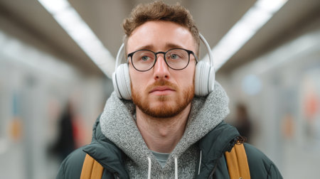 A young man in a modern subway station wearing headphones, appearing contemplative while commuting. His thoughtful expression captures the essence of urban travel and personal moments.の素材