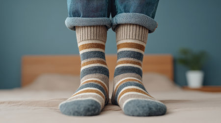 A young man showcases colorful socks while relaxing in a cozy bedroom. This image captures the essence of comfort and style in a warm, inviting space perfect for daily routines.の素材