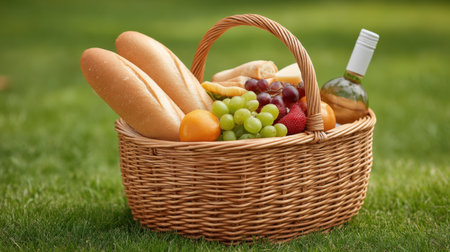 A beautifully arranged picnic basket filled with fresh bread, vibrant fruits, and a bottle of wine sits on lush green grass, inviting outdoor enjoyment and leisurely dining.の素材