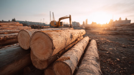 A tranquil scene depicting timber logs piled neatly at a forestry site, with heavy machinery visible in the background under a warm sunrise, showcasing forestry operations.の素材