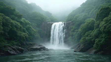 Discover a breathtaking waterfall cascading into a tranquil pool, surrounded by a lush green forest, evoking peace and serenity under gentle morning mist.の素材
