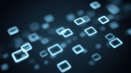 This captivating image features glowing neon squares drifting in a digital network, creating a vibrant and futuristic atmosphere perfect for technology and abstract themes.の素材