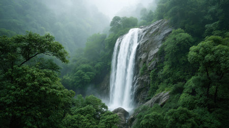 A stunning waterfall pours over rugged rocks, surrounded by vibrant green foliage in a tranquil forest, creating a peaceful oasis under the soft morning light.の素材