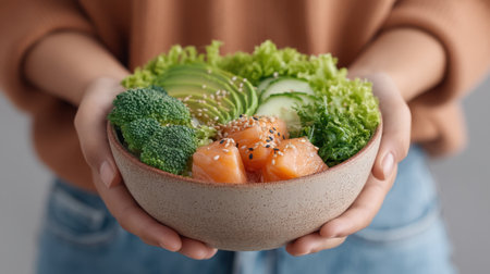 Enjoy a vibrant and nutritious salmon poke bowl, featuring fresh avocado, broccoli, and cucumber, perfect for health enthusiasts seeking a balanced meal.の素材