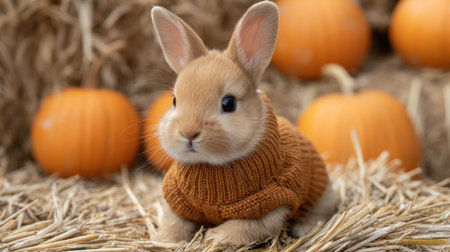 This charming image features a cute rabbit dressed in a cozy sweater, nestled among vibrant pumpkins and hay. It perfectly captures the essence of autumn tranquility.の素材
