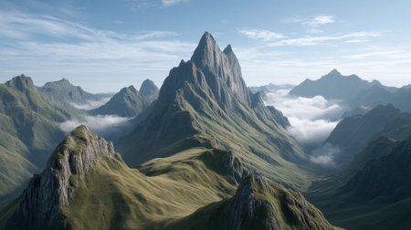 Stunning mountain landscape showcases majestic peaks with rolling clouds, revealing the beauty of nature peaks under a serene sky, inviting exploration and adventure.の素材