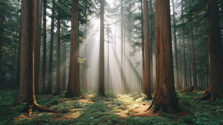 Experience the enchanting beauty of a forest where sunlight streams through tall trees, creating soft light on the lush ground while fostering a peaceful atmosphere.の素材