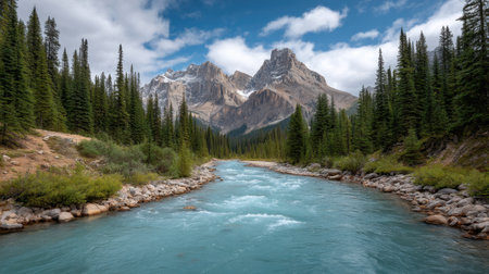 Experience the breathtaking beauty of a clear river flowing through a deep canyon, bordered by lush pine trees and majestic mountains under a stunning sky.の素材