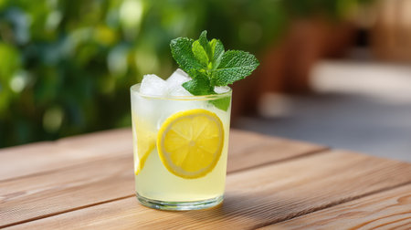 A refreshing glass of lemonade with ice and mint sits on a rustic wooden table, perfect for enjoying a summer day outdoors with friends and family.の素材