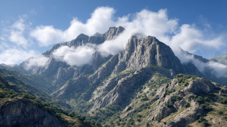 Discover a breathtaking mountain landscape featuring rolling clouds over rugged peaks and vibrant greenery under a clear blue sky, perfect for nature lovers.の素材
