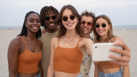 A cheerful group of friends enjoying a sunny day at the beach while taking a selfie. Capturing joyful moments and creating lasting memories together.の素材
