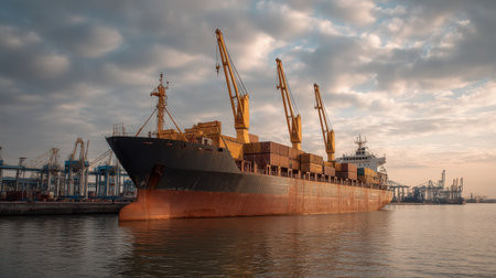 A large cargo ship is docked at an industrial port during the golden hour, featuring containers and cranes reflecting the busy maritime logistics environment.の素材