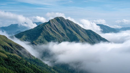Experience a breathtaking mountain landscape where rolling clouds gracefully envelop the peaks and valleys, creating a serene and captivating outdoor scene.の素材