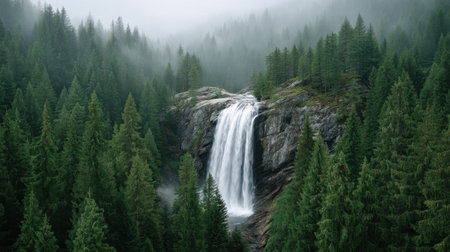 A breathtaking waterfall flows gracefully through a lush green forest, enveloped in soft morning light, creating a serene and tranquil natural scene perfect for relaxation.の素材