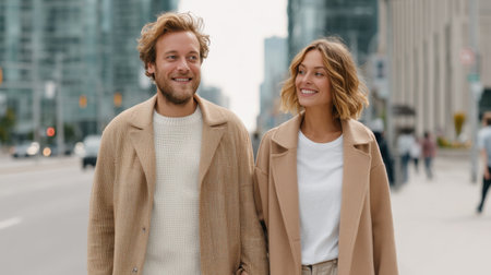 A joyful couple strolls hand in hand through a bustling city, exuding happiness and warmth. This candid moment showcases love, connection, and modern urban life.の素材