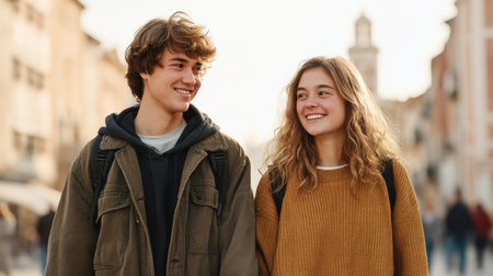 A delightful scene of a young couple smiling and walking hand in hand through a modern city. Their joyful expressions embody love and companionship on a sunny day.の素材