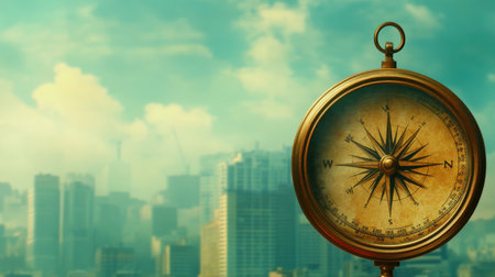 A close-up of a compass, with a city skyline as the backdrop, symbolizing finding one's direction in an ever-changing urban environment.の素材