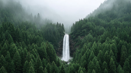 Experience the breathtaking beauty of a waterfall cascading through a lush green forest, softly illuminated by morning light and surrounded by mysterious mist.の素材