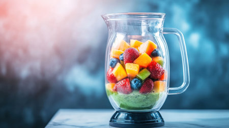 A clear blender with vibrant summer fruits on a minimalistic countertop, symbolizing health and freshness, ready for blending into a nutritious smoothieの素材