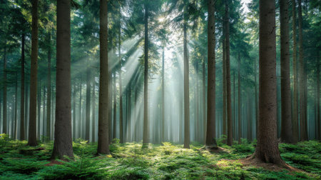 A tranquil forest scene showcasing sunlight streaming through tall trees, creating a captivating play of light and shadow with lush greenery and soft, inviting tones.の素材