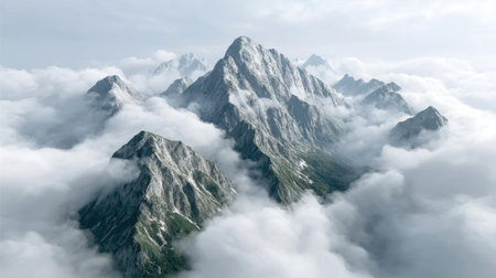 Experience a breathtaking mountain landscape where rolling clouds envelop majestic peaks. This serene atmosphere captures the beauty of nature, inviting exploration.の素材