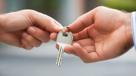 A close-up of shiny new apartment keys being handed over, symbolizing a new chapter in home ownership, blank space for textの素材