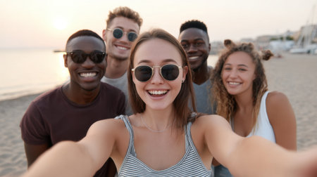 A cheerful group of friends captures a joyful selfie at the beach during sunset, showcasing their smiles and the beauty of friendship in a relaxed outdoor setting.の素材