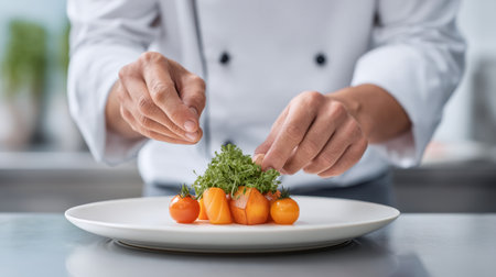 A skilled chef carefully garnishes a gourmet dish in a modern kitchen, showcasing fresh ingredients with meticulous artistry, perfect for culinary enthusiasts.の素材