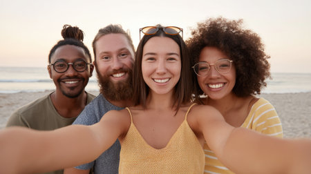 A cheerful group of friends enjoying a beach sunset, capturing happy moments while taking a selfie, exuding joy and friendship in a vibrant outdoor setting.の素材
