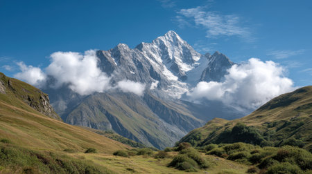 This stunning mountain landscape showcases towering peaks surrounded by rolling clouds and a clear blue sky, creating a captivating natural scene perfect for travel enthusiasts.の素材