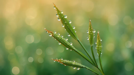 Captivating close-up of dew drops on grass blades, beautifully illuminated by the soft light of sunrise, capturing a serene and fresh morning vibe.の素材