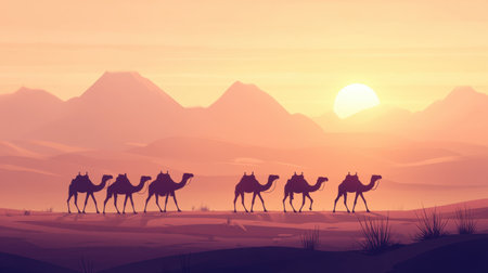A caravan of camels walking through a vast, sandy desert, their silhouettes against a hot, sun-drenched landscape.の素材