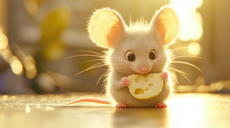 A funny mouse eating cheese, the light from behind casting a gentle glow, capturing its playful moment.の素材