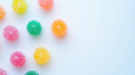 A colorful mix of jelly candies placed randomly on a white background, with their bright hues popping against the white.の素材