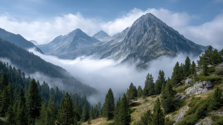 Experience the breathtaking beauty of a mountain landscape where rolling clouds drift gracefully over lush forests, creating a serene and picturesque view in nature.の素材