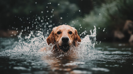 A joyful dog swimming in a clear river, splashing water around as it plays and enjoys the cool water.の素材