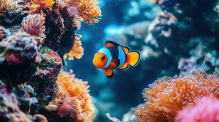 A vibrant clownfish swimming near colorful corals, exploring the underwater world of a thriving coral reef.の素材
