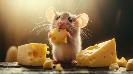 A funny mouse eating cheese, the light from behind casting a gentle glow, capturing its playful moment.の素材