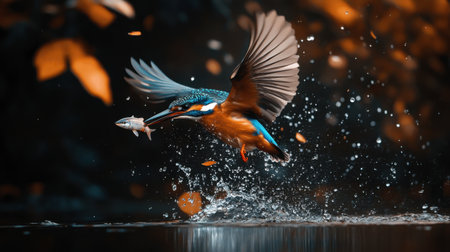 A kingfisher in flight, wings outstretched as it grabs a fish from the water, droplets spraying around in a display of natural skill.の素材