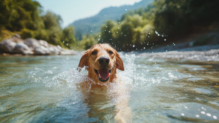 A joyful dog swimming in a clear river, splashing water around as it plays and enjoys the cool water.の素材