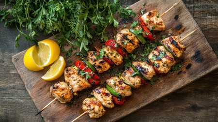 Barbecued chicken skewers with grilled vegetables, presented on a rustic wooden board, perfect for outdoor dining.の素材