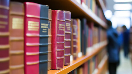 A row of books neatly arranged on a school library shelf, with the blurred background of students studying, symbolizing education and knowledge.の素材