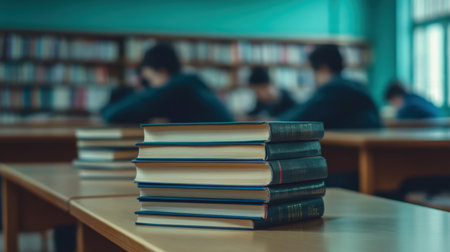 Books lined up on a classroom shelf, with blurred students working in the background, representing education and academic growthの素材